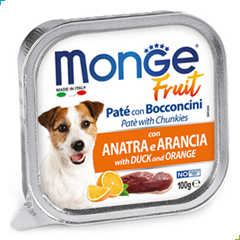 Monge Fruit Wet Dog Food – Pate and Chunkies with Duck and Orange 100g